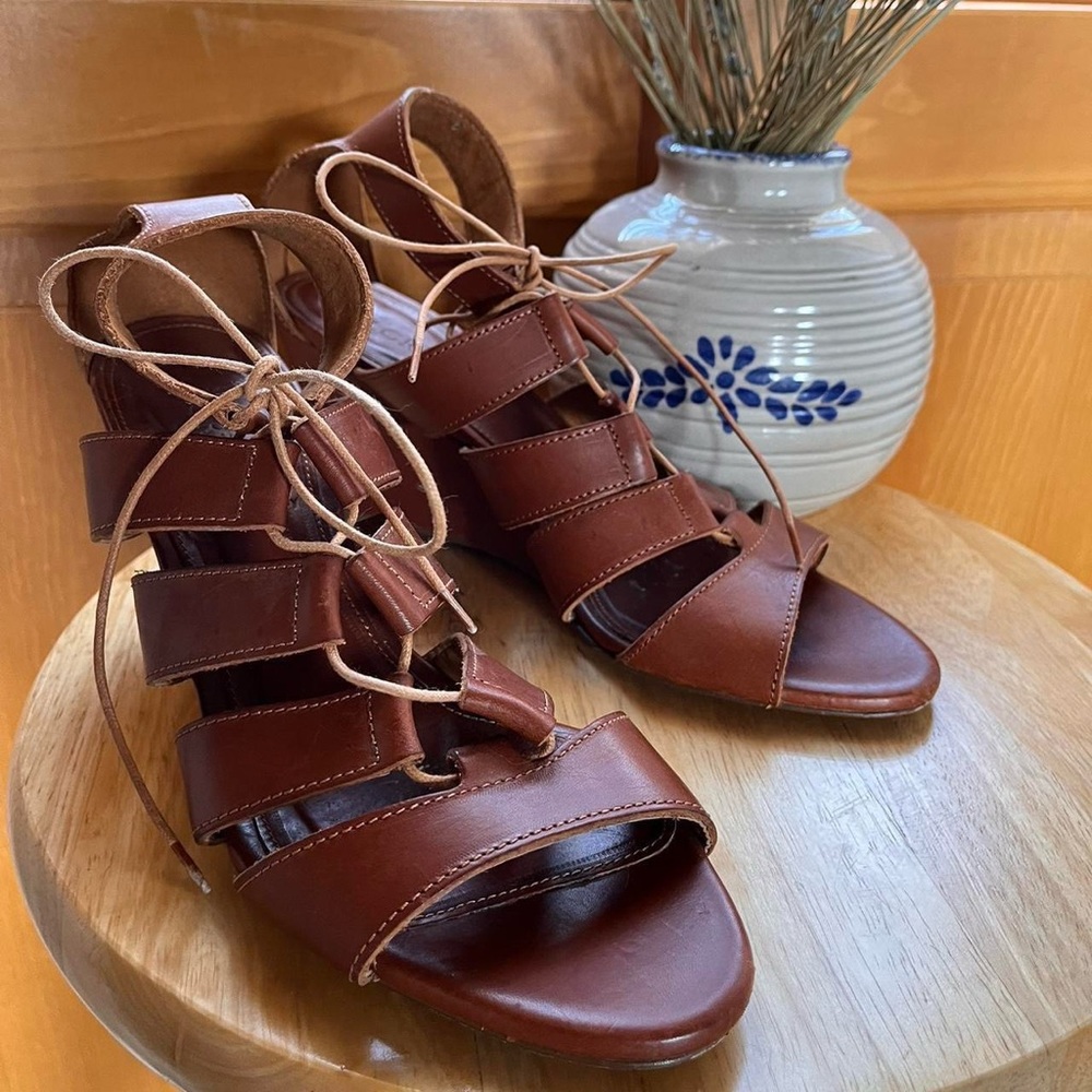 Leather lace up wedge sandals